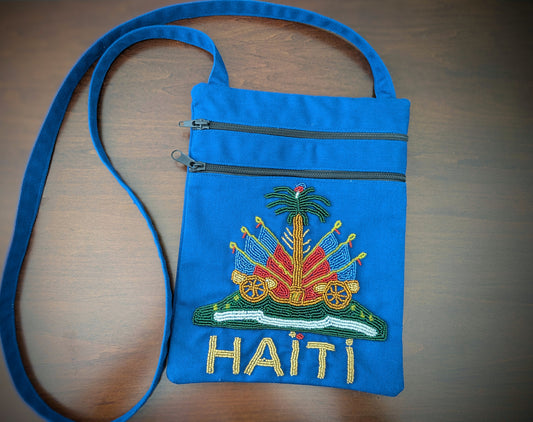 Handmade Royal Blue Jean Crossbody Bag – Haitian Flag Beading