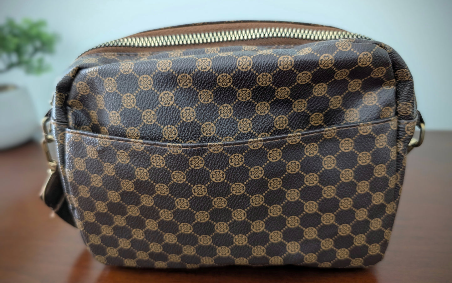 Checkered Brown Faux Leather Crossbody Bag